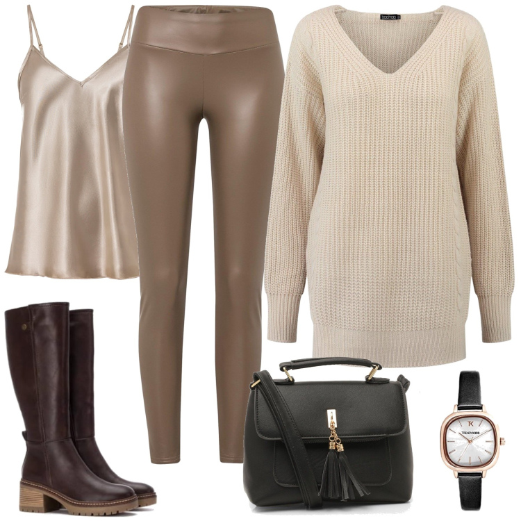 Outfit femme - Audrey. Style Bon Ton pour Tous les jours. Assortir avec hauts, legging, pulls, bottes, sacs en bandoulière, montres analogiques.