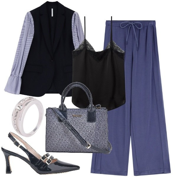 Outfit donna - Il gilet con la camicia. Stile Mannish per Ufficio. Abbinamento con anelli, canottiere, gilet, pantaloni, décolleté, borse a tracolla.