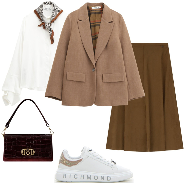 Outfit donna - Facile da portare. Stile Urban per Ufficio. Abbinamento con borse a mano, camicie, blazer, gonne longuette, sneakers.