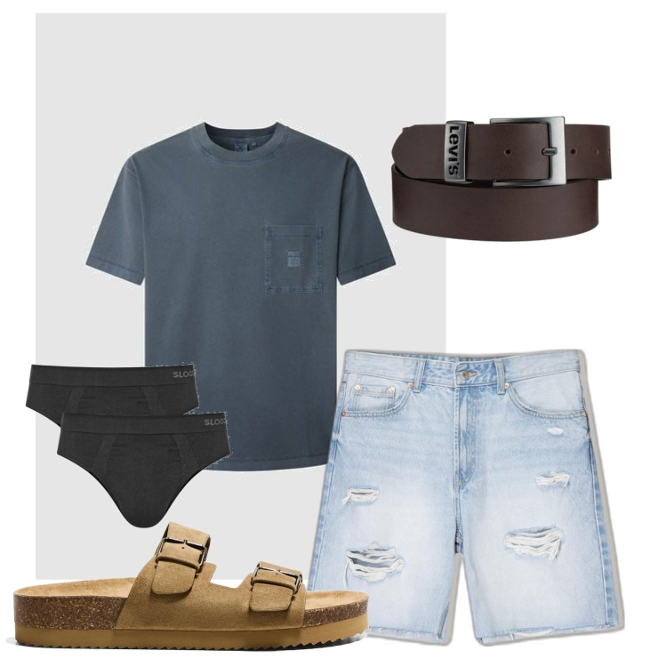 Outfit hombre - Empezando la semana. Estilo Urban para Todos los días. Combinación con cinturones, bermudas, sandalias, camiseta, braguita.