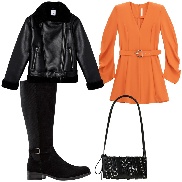 Outfit donna - Abito corto e stivali. Stile Casual per Tutti i giorni. Abbinamento con stivali, giacche, borse a spalla, vestiti corti.