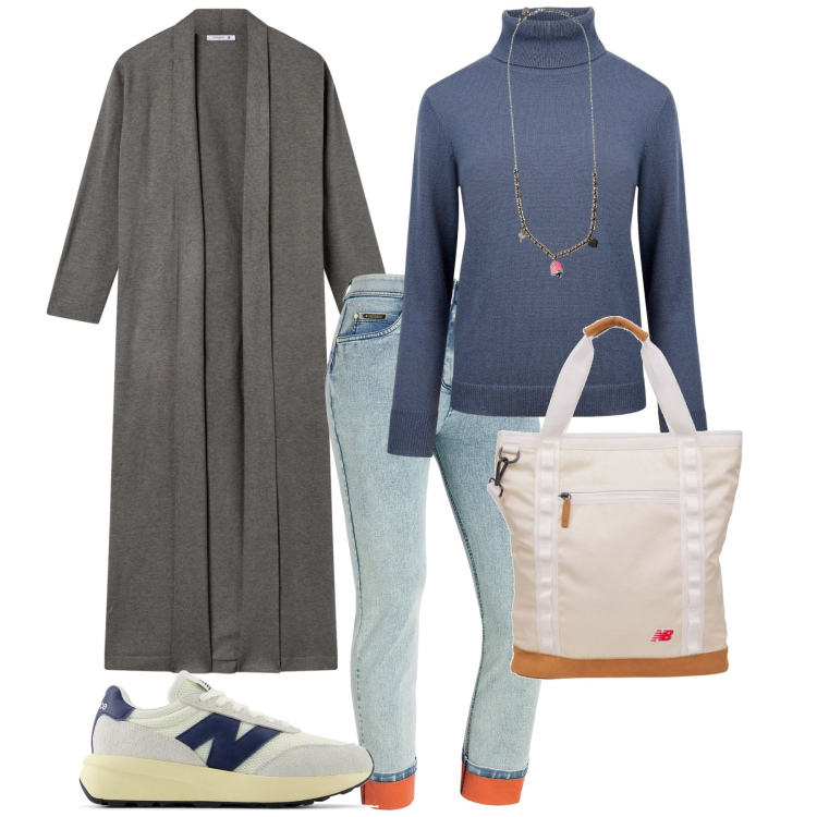 Outfit donna - Total look #2243970. Stile Basic per Tutti i giorni. Abbinamento con cardigans, shopping bag, sneakers, jeans dritti, ciondoli, maglieria.