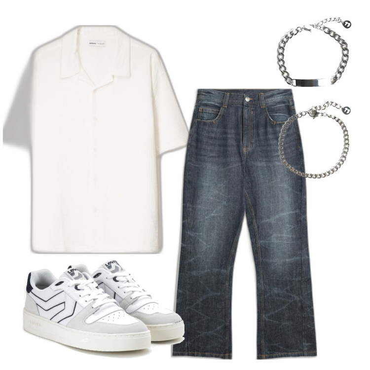 Outfit hombre - Cena informal. Estilo Urban para Todos los días. Combinación con sneakers, camisas de manga corta, vaqueros, pulseras.