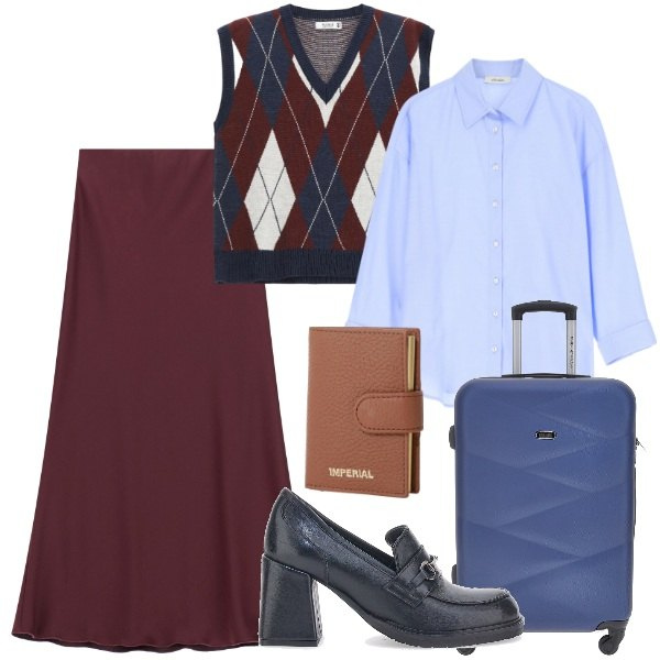Outfit donna - Gilet a losanghe. Stile Vintage retrò per Ufficio. Abbinamento con gilet, portafogli, gonne lunghe, camicie, mocassini, valigie.