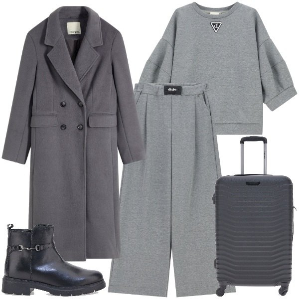 Outfit donna - Un viaggio in grigio. Stile Minimal per Ufficio. Abbinamento con cappotti, felpe, pantaloni a palazzo, valigie, stivaletti.