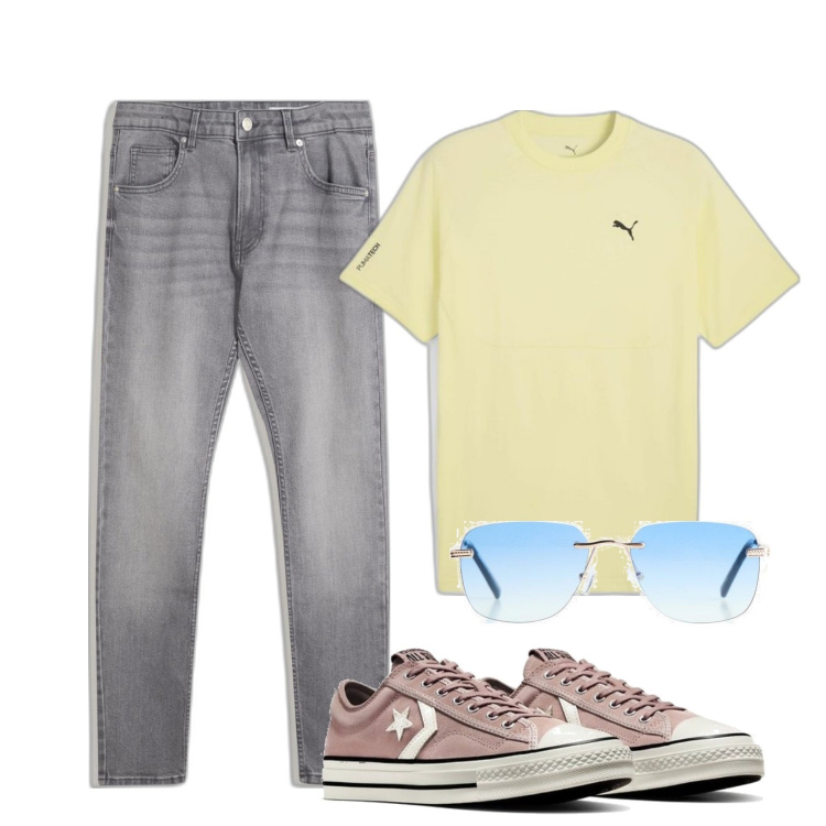 Outfit hombre - Camiseta Puma. Estilo Urban para Todos los días. Combinación con sneakers, camiseta, gafas de sol, vaqueros pitillo.