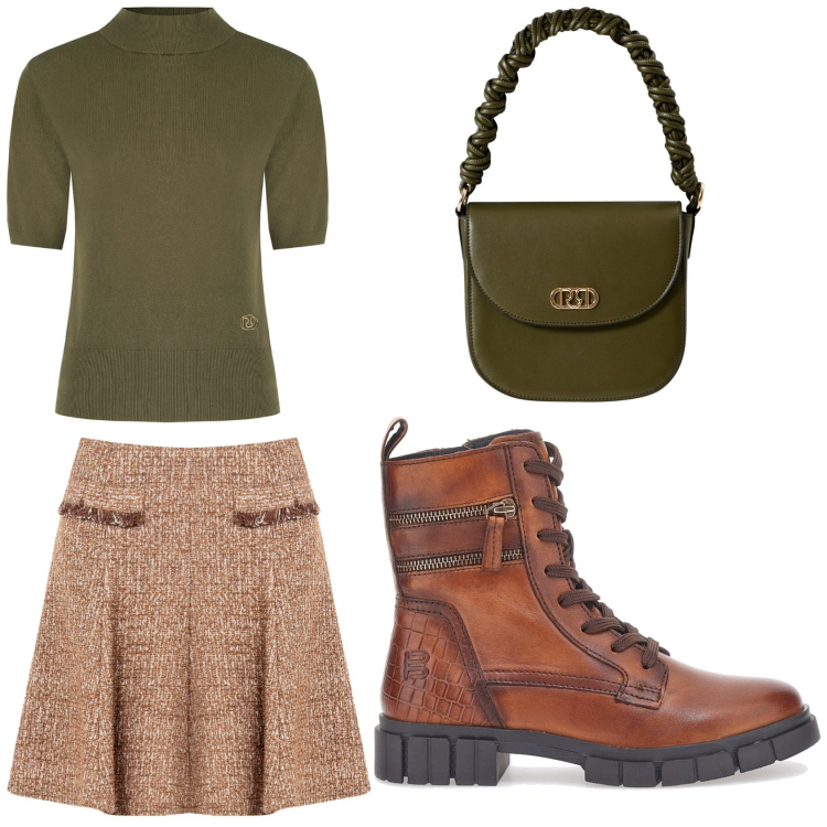 Outfit donna - Gli stivaletti cuoio. Stile Casual chic per Ufficio. Abbinamento con minigonne, pullovers, borse a mano, anfibi.