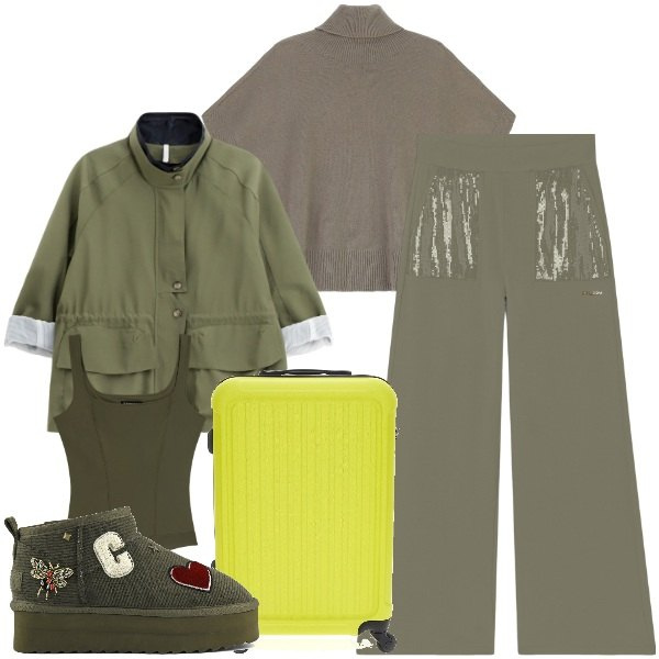 Outfit donna - Un viaggio in verde oliva. Stile Minimal per Tutti i giorni. Abbinamento con parka, maglieria, pantaloni, body, stivali, valigie.