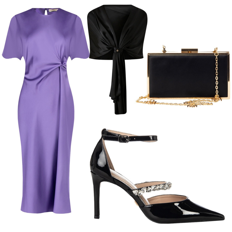 Outfit donna - Cerimonia in viola e nero. Stile Bon Ton per Cerimonia. Abbinamento con vestiti midi/longuette, scialli, pochette, décolleté.