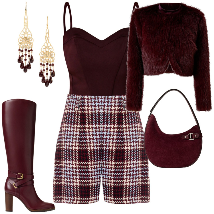 Outfit donna - Rinascimento-new collection. Stile Urban per Serata fuori. Abbinamento con shorts, blazer, top, stivali, borse a spalla, orecchini.