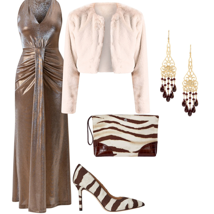 Outfit donna - Grintosa. Stile Urban per Serata fuori. Abbinamento con bolero, vestiti lunghi, décolleté, pochette, orecchini.