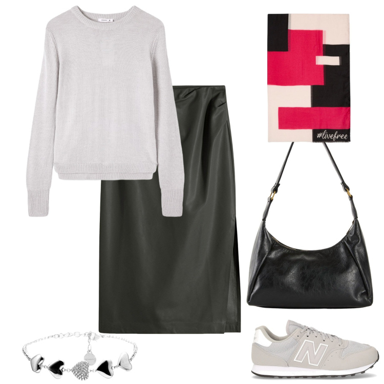 Outfit donna - Torno in ufficio. Stile Minimal per Ufficio. Abbinamento con gonne longuette, borse a mano, maglieria, braccialetti, sciarpe, sneakers.
