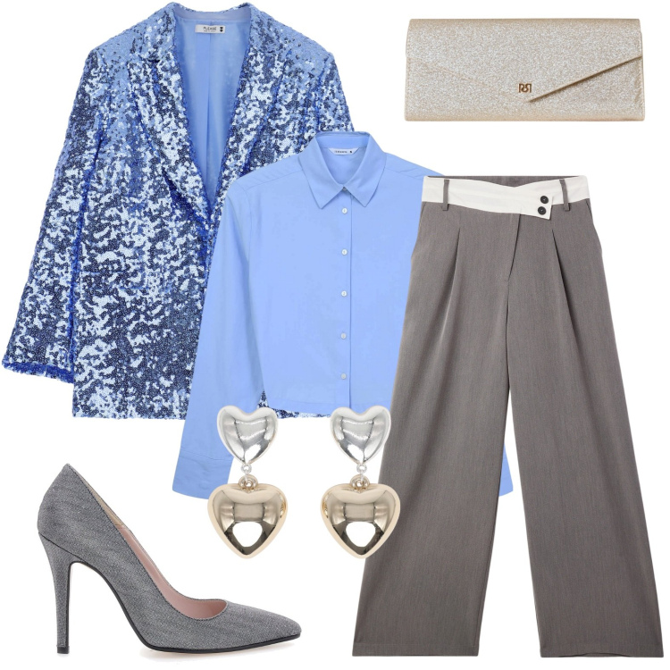 Outfit donna - Grigio e pailettes. Stile Casual chic per Cerimonia. Abbinamento con pantaloni, camicie, orecchini, pochette, blazer, décolleté.