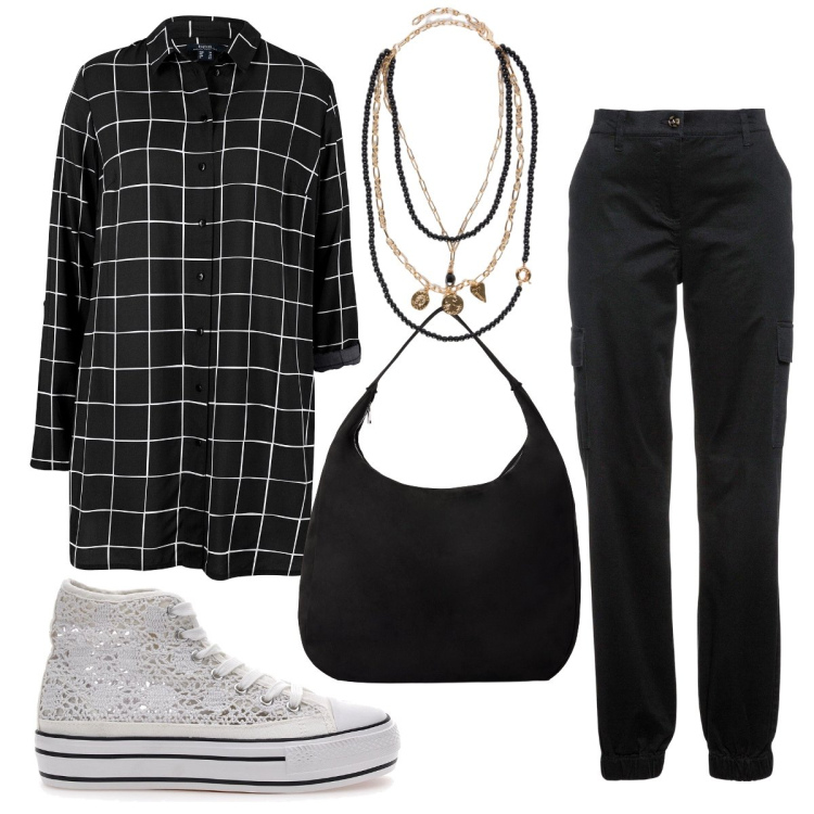 Outfit donna - Le sneakers col pizzo. Stile Casual chic per Scuola/Università. Abbinamento con pantaloni cargo, camicie, borse a mano, sneakers alte, collane.