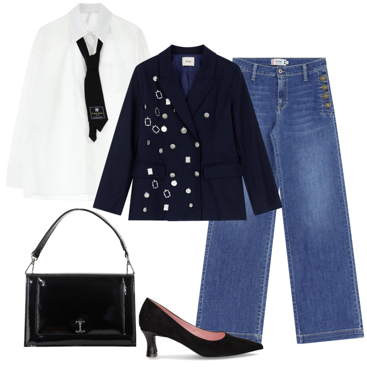 Outfit donna - Mille abbinamenti con la camicia bianca. Stile Mannish per Serata fuori. Abbinamento con jeans a zampa, camicie, borse a tracolla, blazer, décolleté.