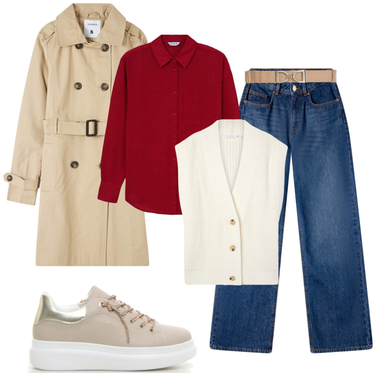 Outfit donna - Terranova autunno. Stile Casual per Ufficio. Abbinamento con camicie, jeans, trench, cinture, gilet, sneakers.