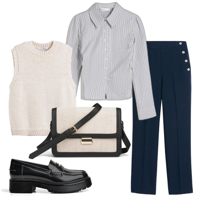 Outfit mujer - Trabajando. Estilo Bon Ton para Oficina. Combinación con pantalones, bolsos de mano, camisas, mocasines, chalecos.