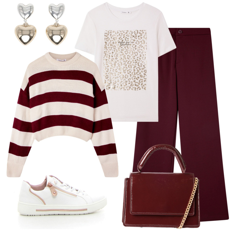 Outfit donna - Terranova autunno. Stile Casual per Scuola/Università. Abbinamento con pantaloni, maglieria, borse a tracolla, t-shirt, orecchini, sneakers.