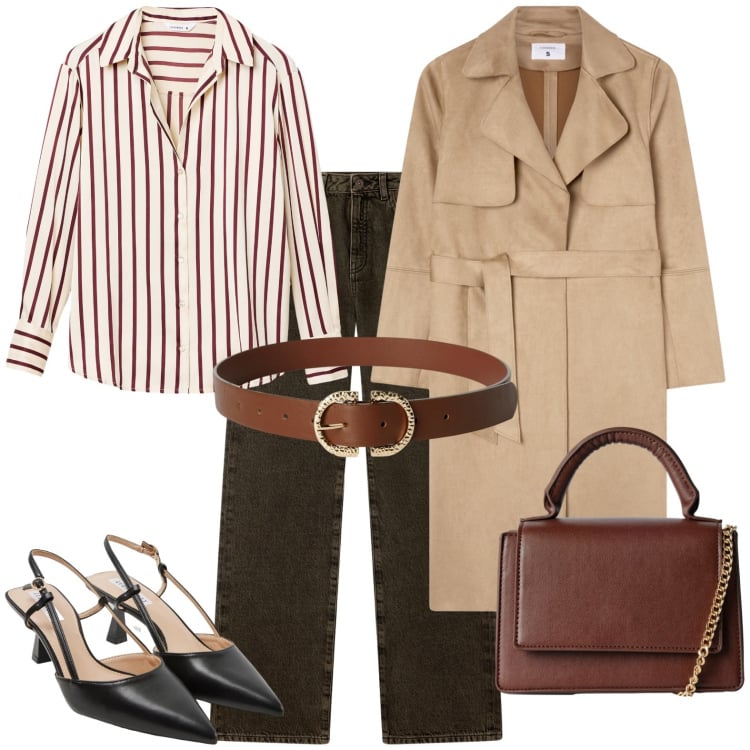 Outfit donna - Ritorno in ufficio. Stile Casual chic per Ufficio. Abbinamento con camicie, sabot, jeans dritti, trench, borse a tracolla, cinture.