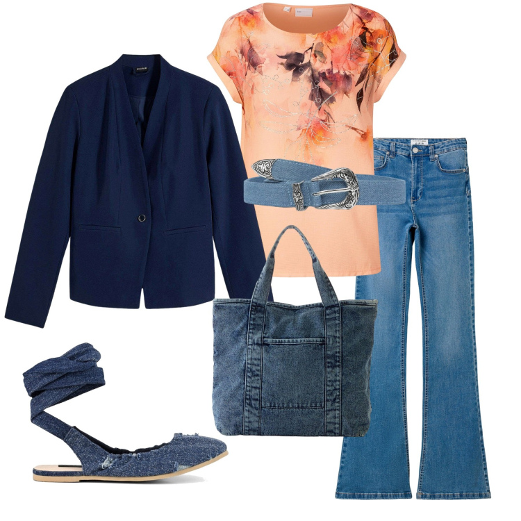 Outfit donna - Total look #2244015. Stile Basic per Tutti i giorni. Abbinamento con blazer, bluse, shopping bag, cinture, jeans a zampa, ballerine.