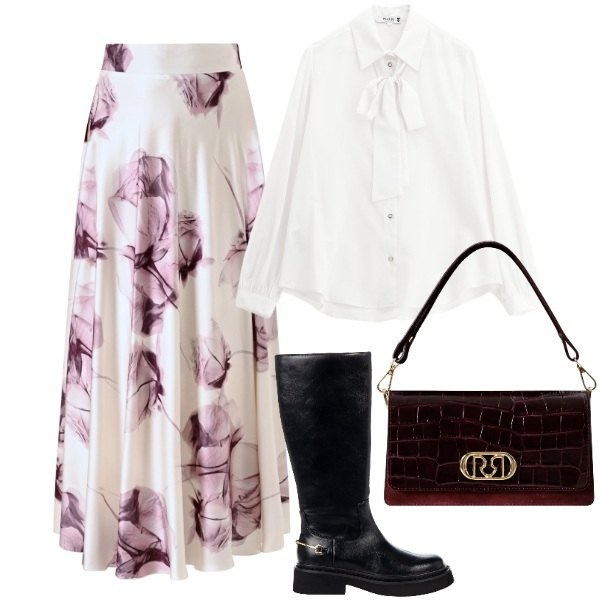 Outfit donna - Eleganza con un tocco biker. Stile Rock per Cerimonia. Abbinamento con gonne lunghe, stivali sopra il ginocchio, borse a mano, camicie.