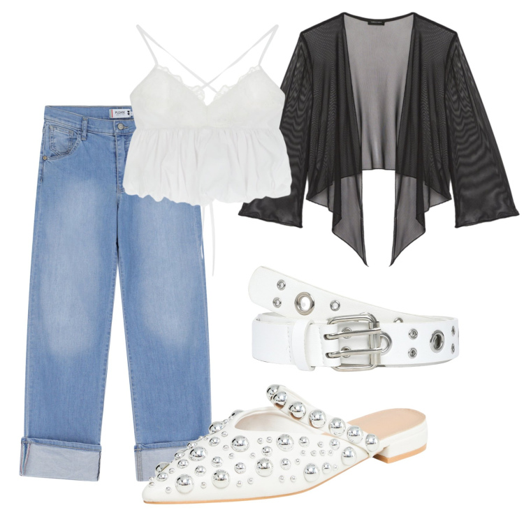 Outfit donna - Total look #2244039. Stile Casual chic per Tutti i giorni. Abbinamento con ballerine, cinture, jeans dritti, top, bolero.