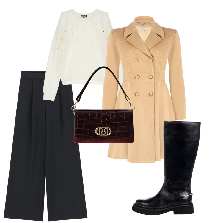 Outfit donna - Fine settembre. Stile Bon Ton Abbinamento con cappotti, borse a mano, stivali sopra il ginocchio, pantaloni a palazzo, maglieria.