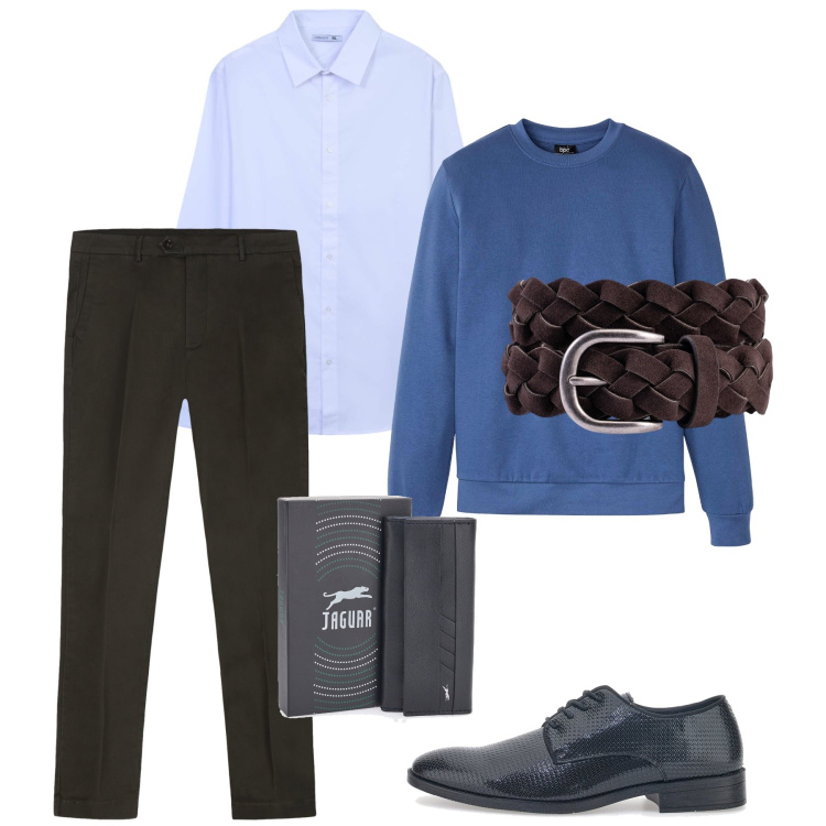 Outfit uomo - In ufficio. Stile Business/Elegante Abbinamento con felpe, camicie, scarpe stringate, cinture, portachiavi, pantaloni chino.