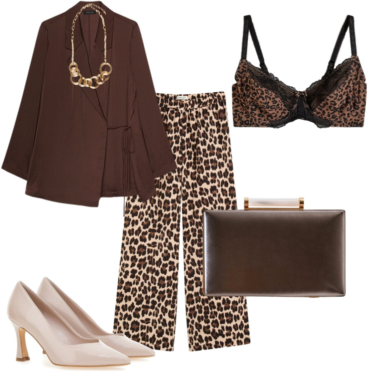 Outfit donna - Blazer di raso per una serata speciale. Stile Glamour per Serata fuori. Abbinamento con pantaloni a palazzo, reggiseni, clutch, blazer, collane, décolleté.