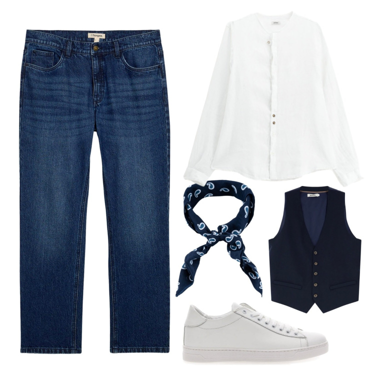Outfit uomo - Minimal informale!. Stile Urban per Serata speciale. Abbinamento con jeans dritti, gilet, camicie, sneakers, sciarpe e foulard.