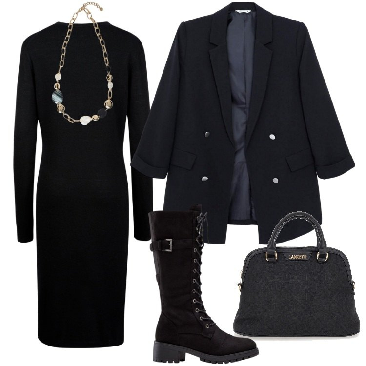 Outfit donna - Total look #2244067. Stile Boho per Ufficio. Abbinamento con stivali, blazer, borse a spalla, vestiti midi/longuette, collane.