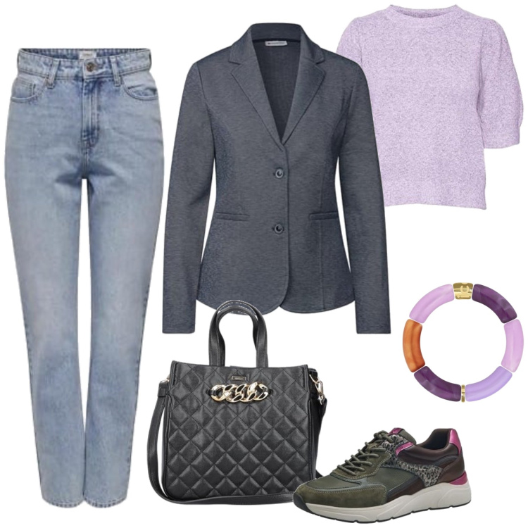 Outfit femme - Véra. Style Casual chic pour Bureau. Assortir avec pulls, blazers, sacs à main, bracelets, jean coupe droite, sneakers.