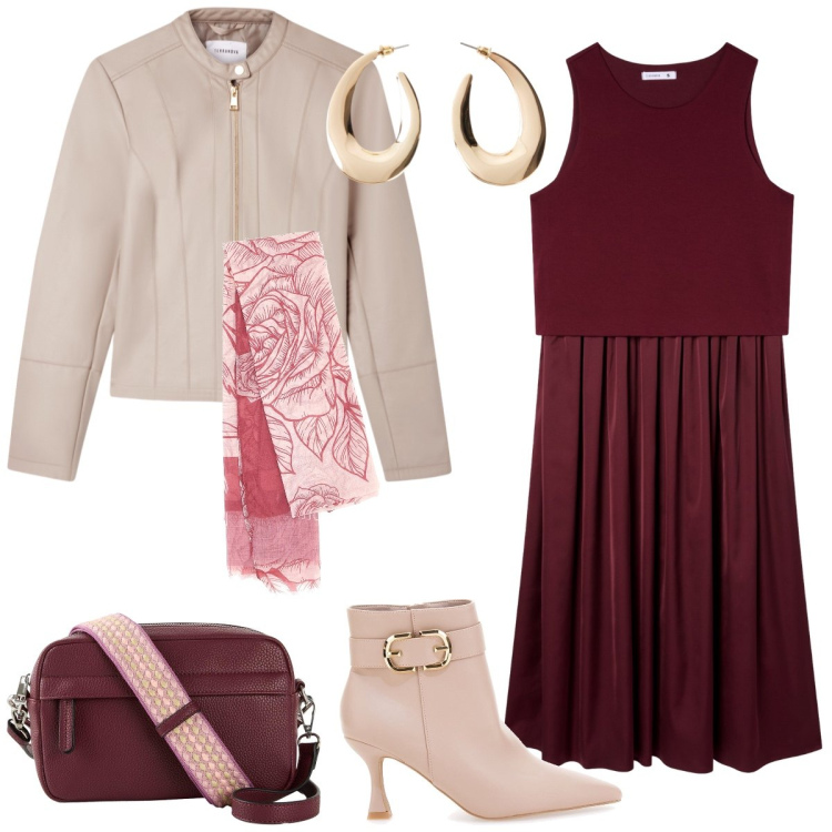 Outfit donna - Aperitivo. Stile Casual chic per Serata fuori. Abbinamento con orecchini, borse a tracolla, vestiti midi/longuette, giacche, stivaletti, foulard.