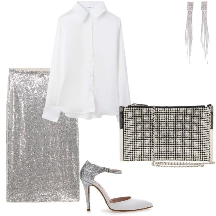 Outfit donna - La camicia bianca. Stile Glamour per Serata fuori. Abbinamento con gonne, orecchini, camicie, pochette, décolleté.