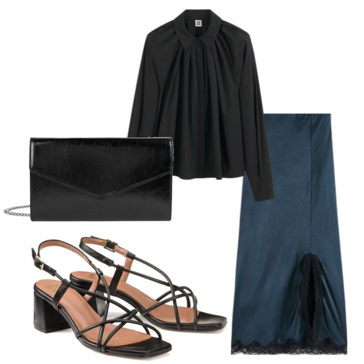 Outfit mujer - Noche de fiesta. Estilo Chic para Noche/Fiesta elegante. Combinación con faldas largas, sandalias de piel, bolsos de mano, camisas.