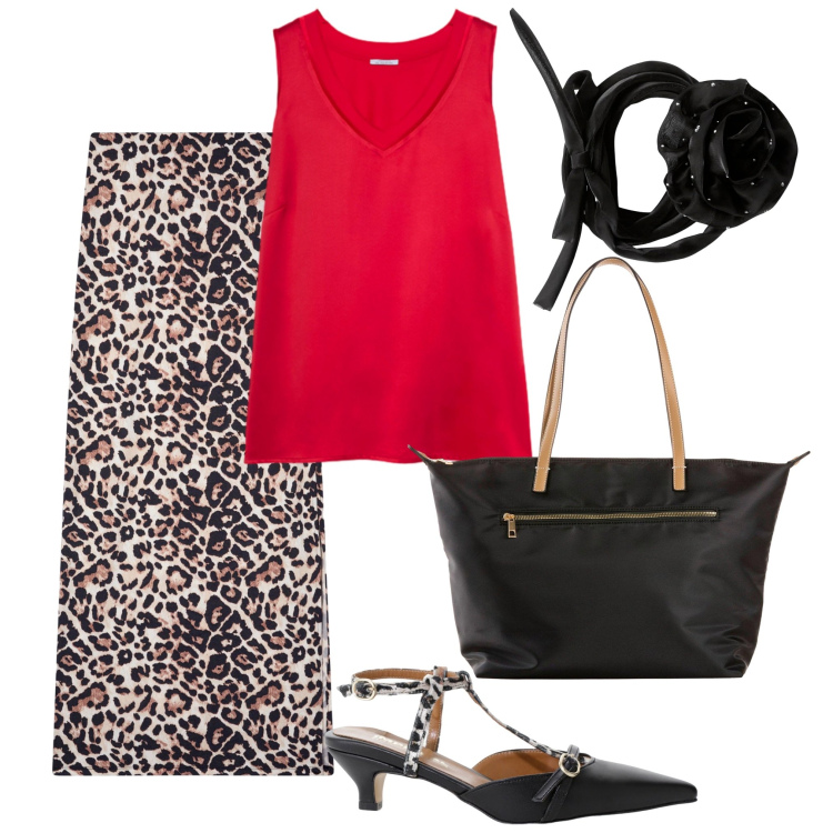 Outfit donna - La gonna leopardata. Stile Trendy per Tutti i giorni. Abbinamento con shopping bag, gonne lunghe, collane, décolleté, top.