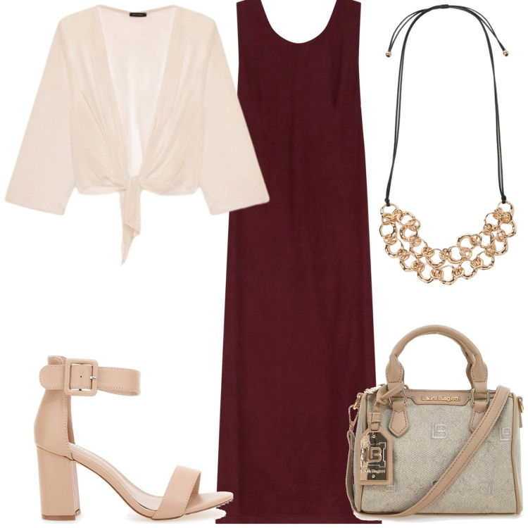 Outfit donna - Serate settembrine. Stile Casual chic per Serata fuori. Abbinamento con vestiti lunghi, sandali col tacco, collane, blazer, borse a tracolla.