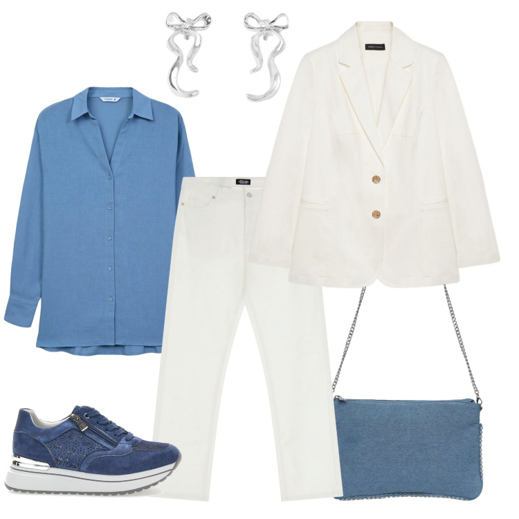 Outfit donna - Bianco e blu in ufficio. Stile Casual chic per Ufficio. Abbinamento con borse a tracolla, camicie, orecchini, pantaloni, blazer, sneakers.
