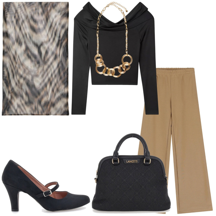 Outfit donna - Beige e nero in ufficio. Stile Casual chic per Ufficio. Abbinamento con t-shirt, pantaloni, borse a spalla, foulard, décolleté, collane.