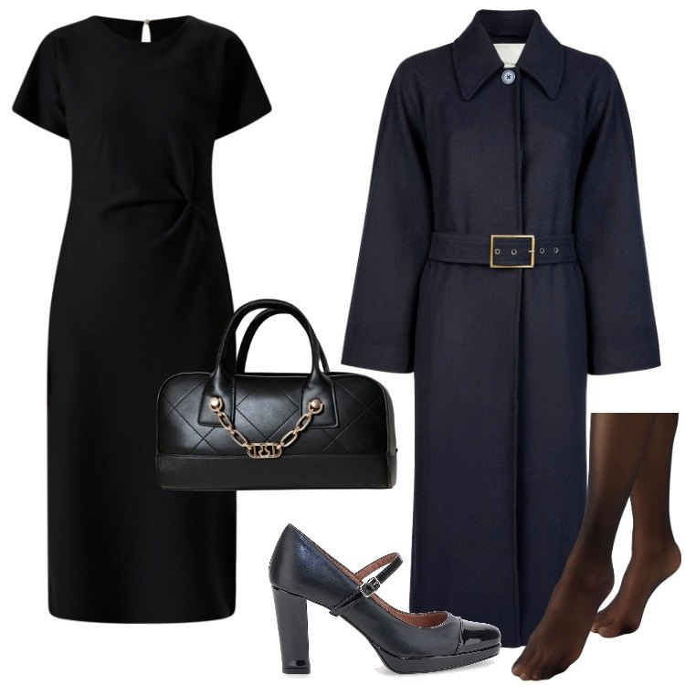 Outfit donna - Total look #2244124. Stile Chic per Ufficio. Abbinamento con vestiti midi/longuette, borse a mano, collant, décolleté, cappotti.