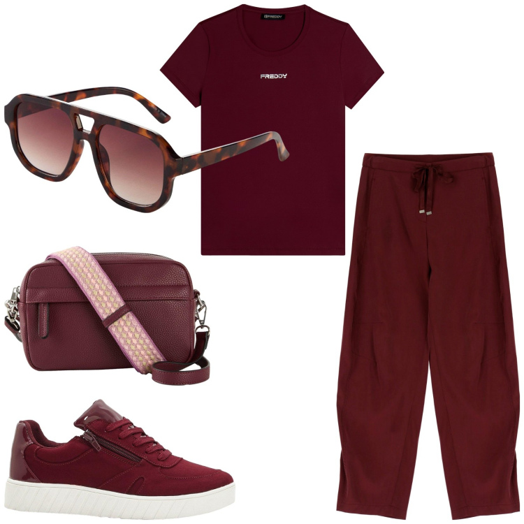 Outfit donna - Tempo libero. Stile Sporty chic per Tutti i giorni. Abbinamento con sneakers, borse a tracolla, occhiali da sole, pantaloni, t-shirt.
