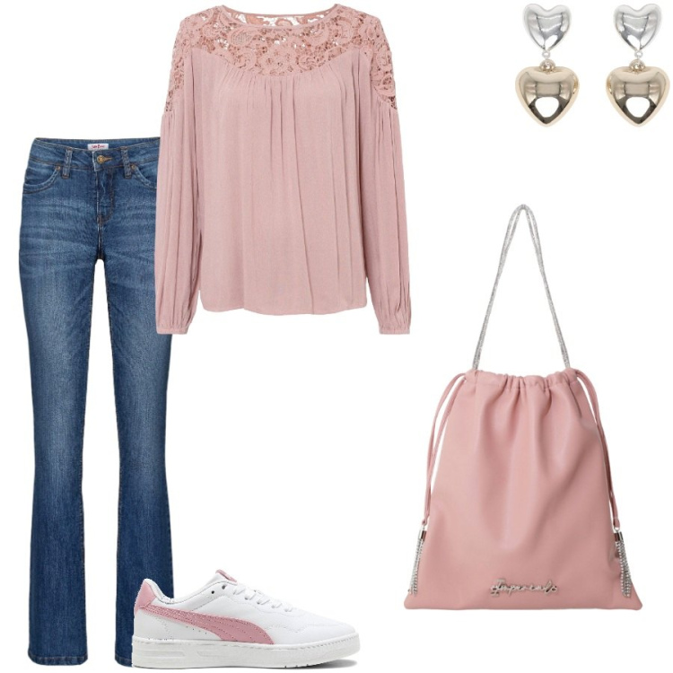 Outfit donna - La blusa con le spalle inpizzo. Stile Casual chic per Tutti i giorni. Abbinamento con tuniche, jeans bootcut, orecchini, borse a secchiello, sneakers.