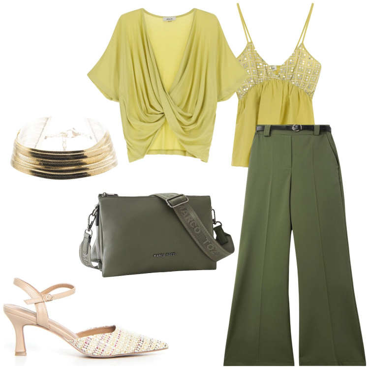 Outfit donna - Total look #2244129. Stile Chic per Serata fuori. Abbinamento con borse a tracolla, pantaloni, braccialetti, t-shirt, top, sandali col tacco.