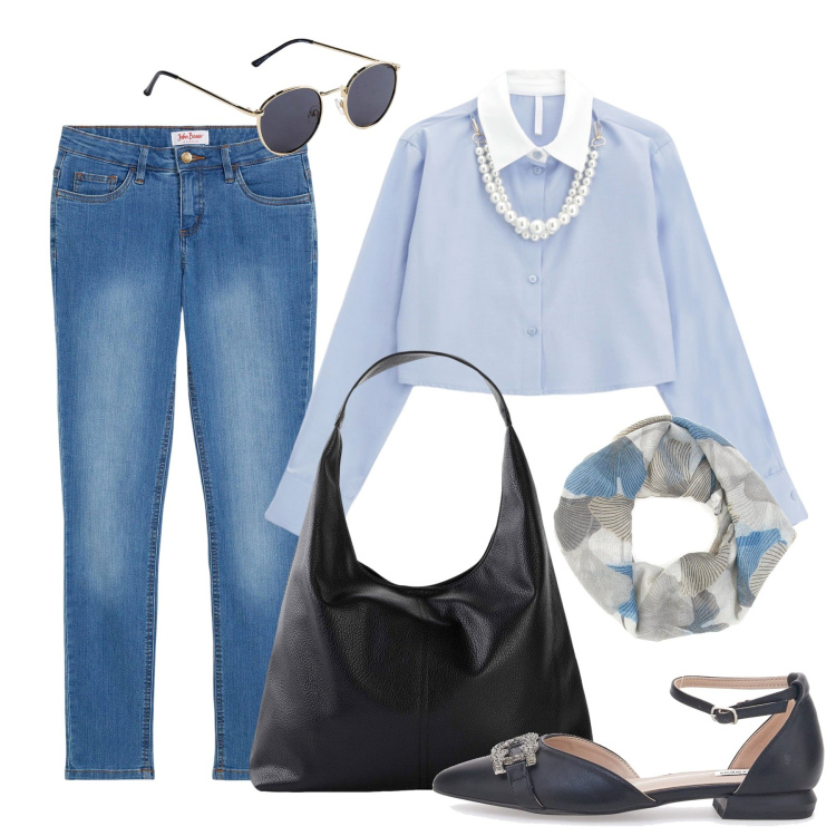 Outfit donna - Comoda e curata. Stile Casual chic per Tutti i giorni. Abbinamento con jeans skinny, occhiali da sole, shopping bag, camicie, ballerine, foulard.