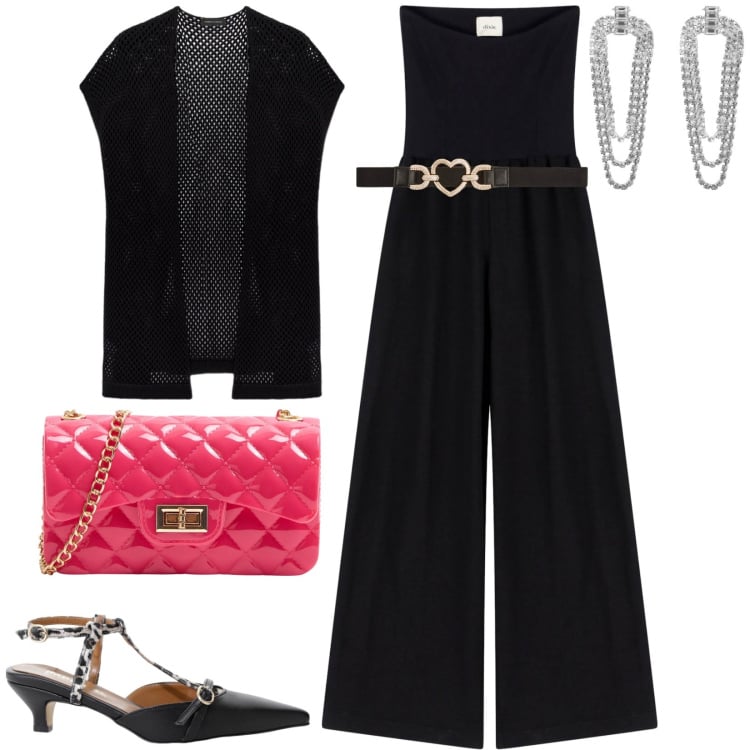 Outfit donna - Total look #2244133. Stile Casual chic per Serata fuori. Abbinamento con borse a tracolla, orecchini, cinture, décolleté, tute, cardigans.