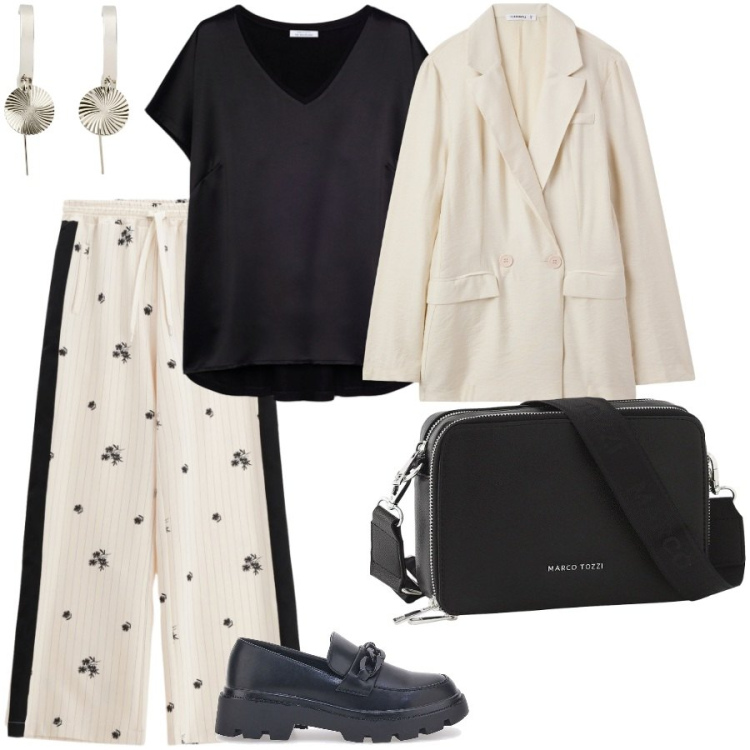 Outfit donna - Si riprende la routine lavorativa. Stile Casual chic per Ufficio. Abbinamento con borse a tracolla, orecchini, blazer, pantaloni, mocassini, bluse.