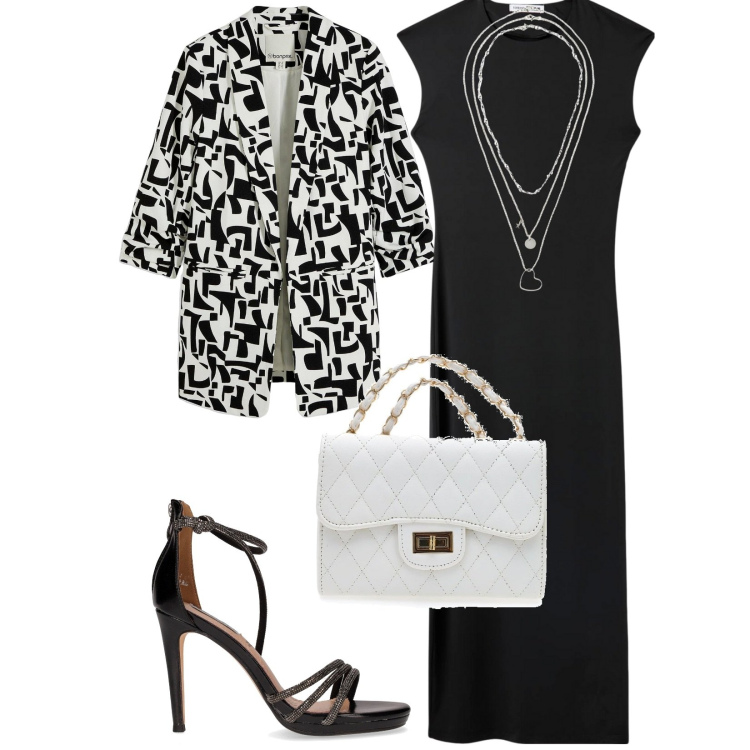 Outfit donna - A cena fuori. Stile Casual chic per Serata fuori. Abbinamento con collane, blazer, vestiti midi/longuette, borse a tracolla, sandali in pelle.