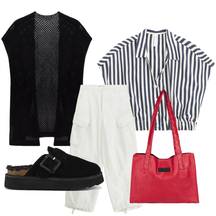 Outfit donna - Tra le righe. Stile Minimal per Tutti i giorni. Abbinamento con pantaloni, camicie a manica corta, shopping bag, sabot, cardigans.