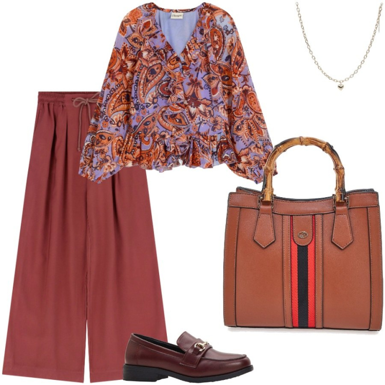 Outfit donna - La blusa fantasia. Stile Casual chic per Ufficio. Abbinamento con bluse, mocassini, collane, pantaloni, borse a tracolla.
