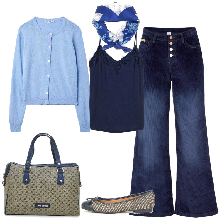 Outfit donna - Pratica tutto il giorno. Stile Bon Ton per Tutti i giorni. Abbinamento con top, pantaloni, cardigans, borse a spalla, foulard, ballerine.